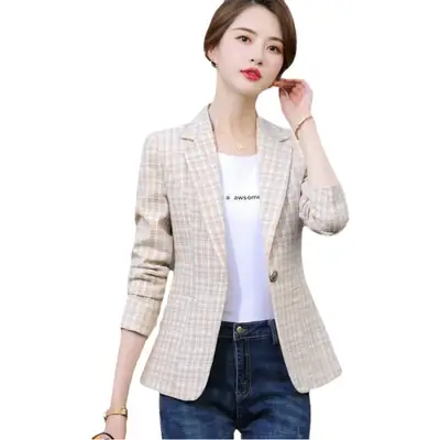 Women Plaid Short Suit Jacket Pink White 2024 Spring Fall