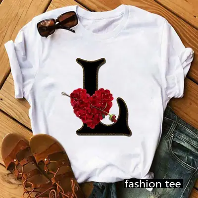 Women T-Shirt 26 Letters Red Rose Heart Design