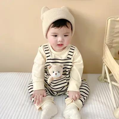 Baby Striped Four Season Cotton Jumpsuit with Hat
