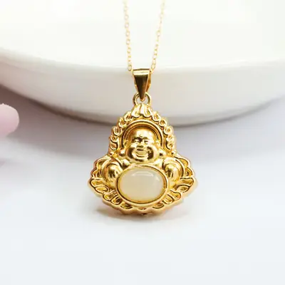 Guan Yu Inlay Pendant Necklace with Hetian Jade Flame Buddha Design