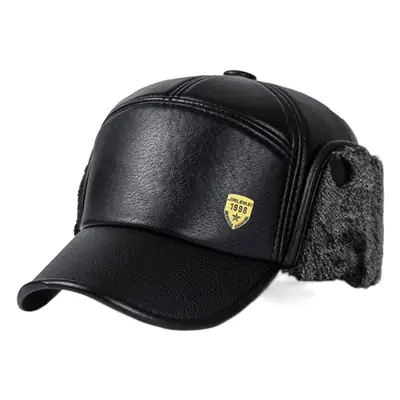 Winter Black Leather Cap for Men with Ear Protection
