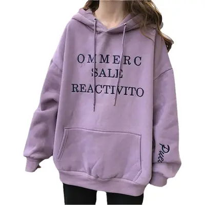 2022 Korean Letter Hooded Fleece Sweater Grey Plus Size