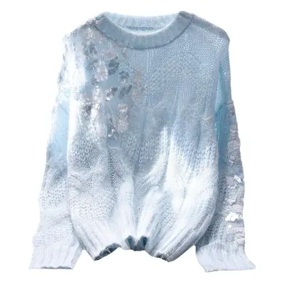 Blue Cable-Knit Women's Sweater Coat with Lace Embroidery