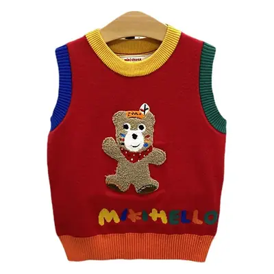 Japanese-Style Bear Knitted Vest Red 24 Autumn
