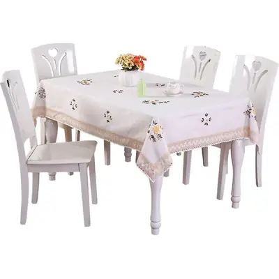 Cotton Embroidered Tablecloth Orange with Lace Trim