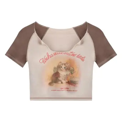 Women Cotton Retro Cat T-Shirt Pink 2026 Summer
