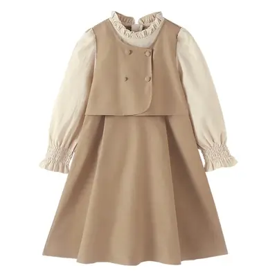 Girls' Fake Two-Piece Dress Set Beige Winter Casual