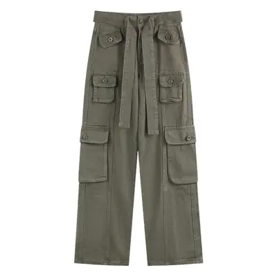 2022 Women's Black Cargo Pants Loose Straight Leg Cool Streetwear