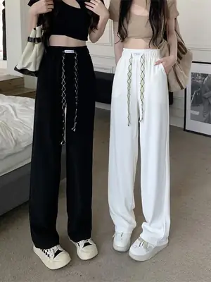 Black Elastic Drawstring Casual Pants for Women 2022