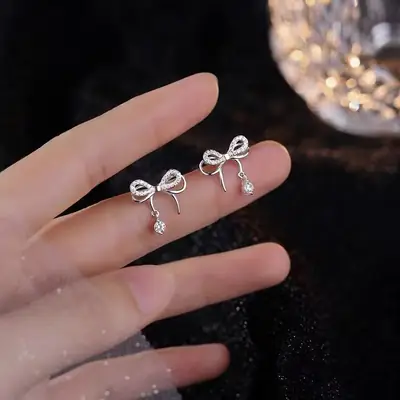 S925 Sterling Silver Bow Stud Earrings with Diamonds