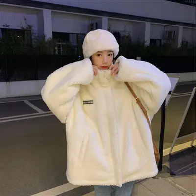 White Plush Women's Winter Jacket with High Neck