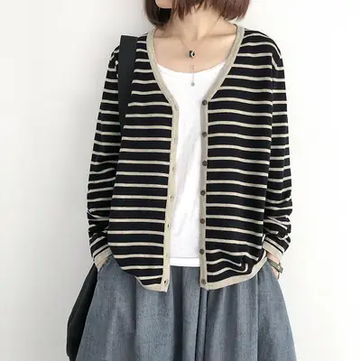 Women Knitted V-Neck Striped Cardigan Spring Autumn