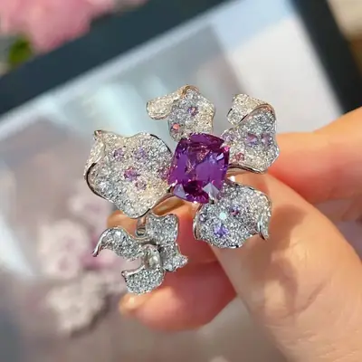 Women's Purple Diamond Flower Ring with Open Handle