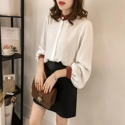 2026 Korean Style Loose Plus Size White Blouse with Lantern Sleeve
