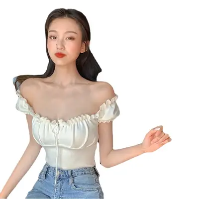 Women's Off-Shoulder Collarbone Top with Drawstring Front
