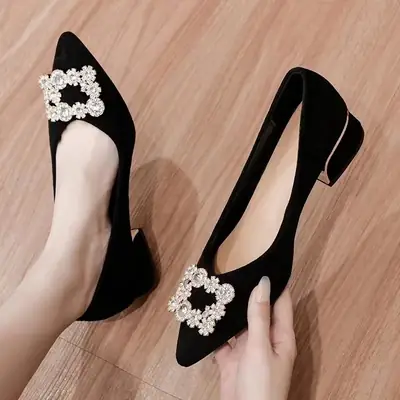 Rhinestone Suede Chunky Heel Shoes Black Pointed Toe