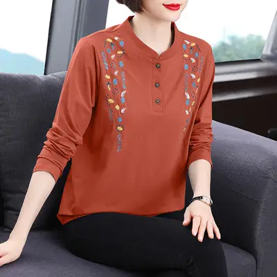Women Cotton Embroidered Long Sleeve T-Shirt Light Blue 2022