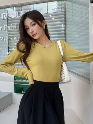 Women Long Sleeve Yellow T-Shirt Slim Fit Knitted Bottom