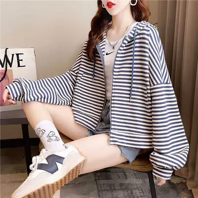 Women Korean Striped Zipper Cardigan Hoodie Short Sleeve