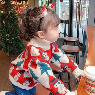 Girls Knitted Turtleneck Winter Top Red Blue Hearts