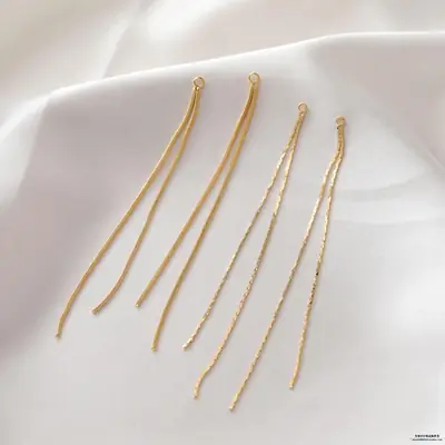 14K Gold Double Sna Ke Bone Chain Tassel Pendant Earrings