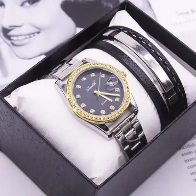 Women's Quartz Watch Set with 3 Bracelets