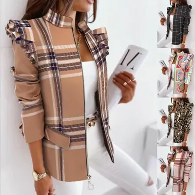 2025 Ruffled Zipper Plaid Jacket for Women