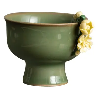Green Handmade Ceramic Tea Cup with Flower Design