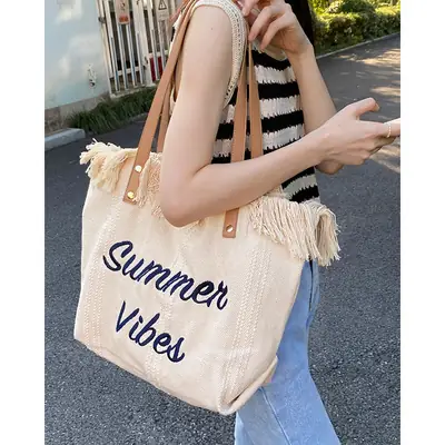 Women Canvas Tassel Bag Summer Large Capacity Beige