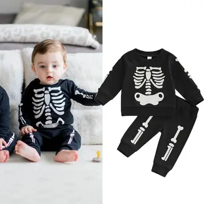 2022 Halloween Boys Skull Suit Black Sweatpants Set