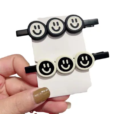 Smiley Hair Clips Black White Frosted Duckbill Clip