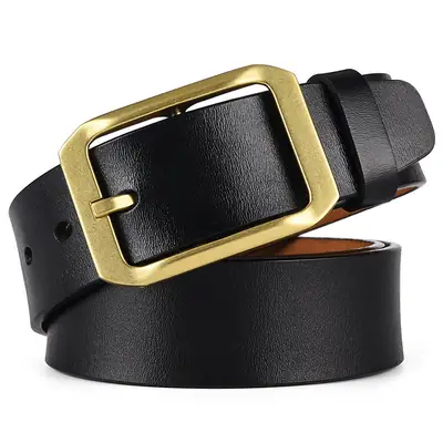 Men's Genuine Leather Belt Black Large Size with Copper Buckle