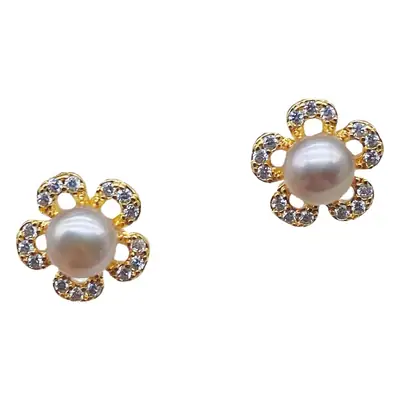 S925 Silver Pearl Flower Earrings with Zircon Accents