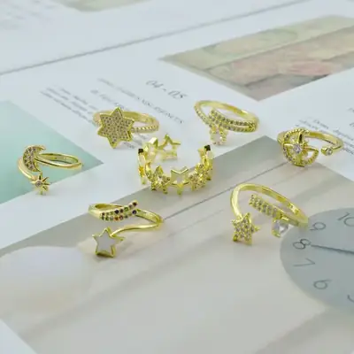 Gold Plated Adjustable CZ Zircon Rings Set