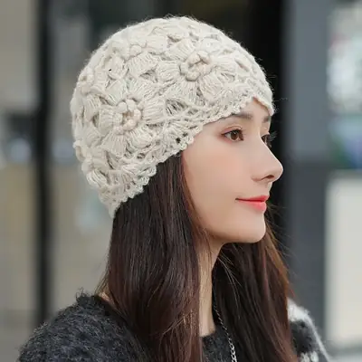 Women's Grey Knitted Wool Hat for Spring Autumn