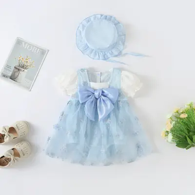 Baby Blue Tulle Dress with Bow for Girls 100 Days Old
