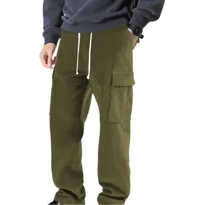 Men's Black Solid Corduroy Straight Pants with Multi-Pockets