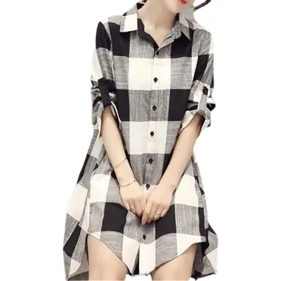 Women Plaid Shirt Cotton Linen Loose Mid Length Sun Protection