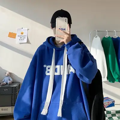 Blue Hooded Hoodie with "ANDB" Print for Men Women