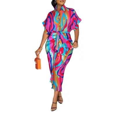2022 V-Neck Button Printed Shirt Dress for Women