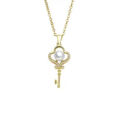 Gold Pearl Diamond Key Pendant Necklace