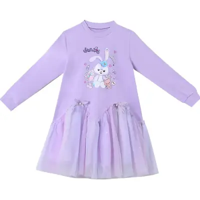 Star Dew Girls' Sweatshirt Dress Autumn 2025 Stylish Girls' Casual Dress Cute Cartoon Rainbow Tulle Dress