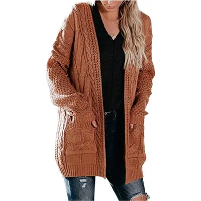 Women Knitted Cardigan Sweater Olive Green Mid-Length