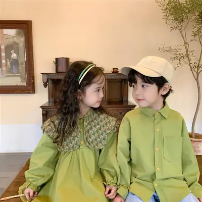Girls Long Sleeve Avocado Green Floral Collar Dress