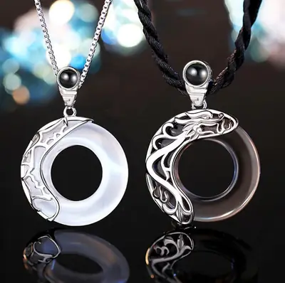 Chinese Dragon & Phoenix Couple Necklace Set Silver Black