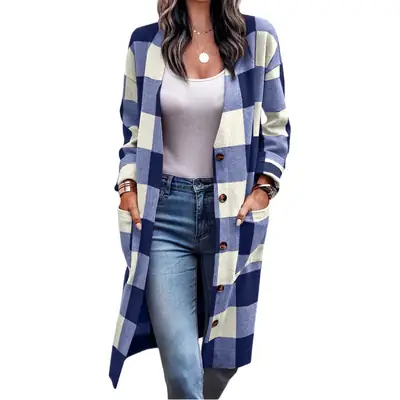 Women's 2022 Plaid Button Coat Cardigan