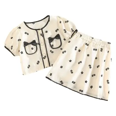 Pink Floral Korean Style Girls Suit Short Sleeve Short Skirt