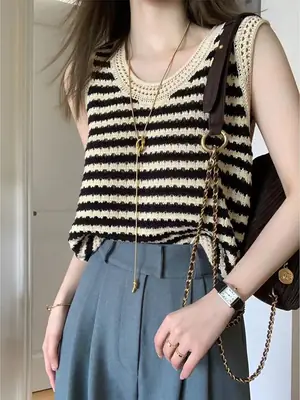 Women's Striped Knitted Vest Summer Wear Ice Silk Thin