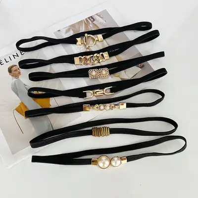 Korean-style Stretch Belt for Women Black Gold Pearl