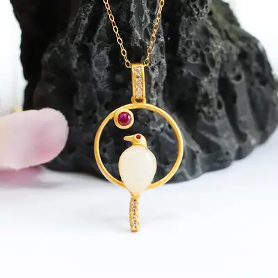 Guan Yu Pendant Necklace with Hetian Jade & Red Stone